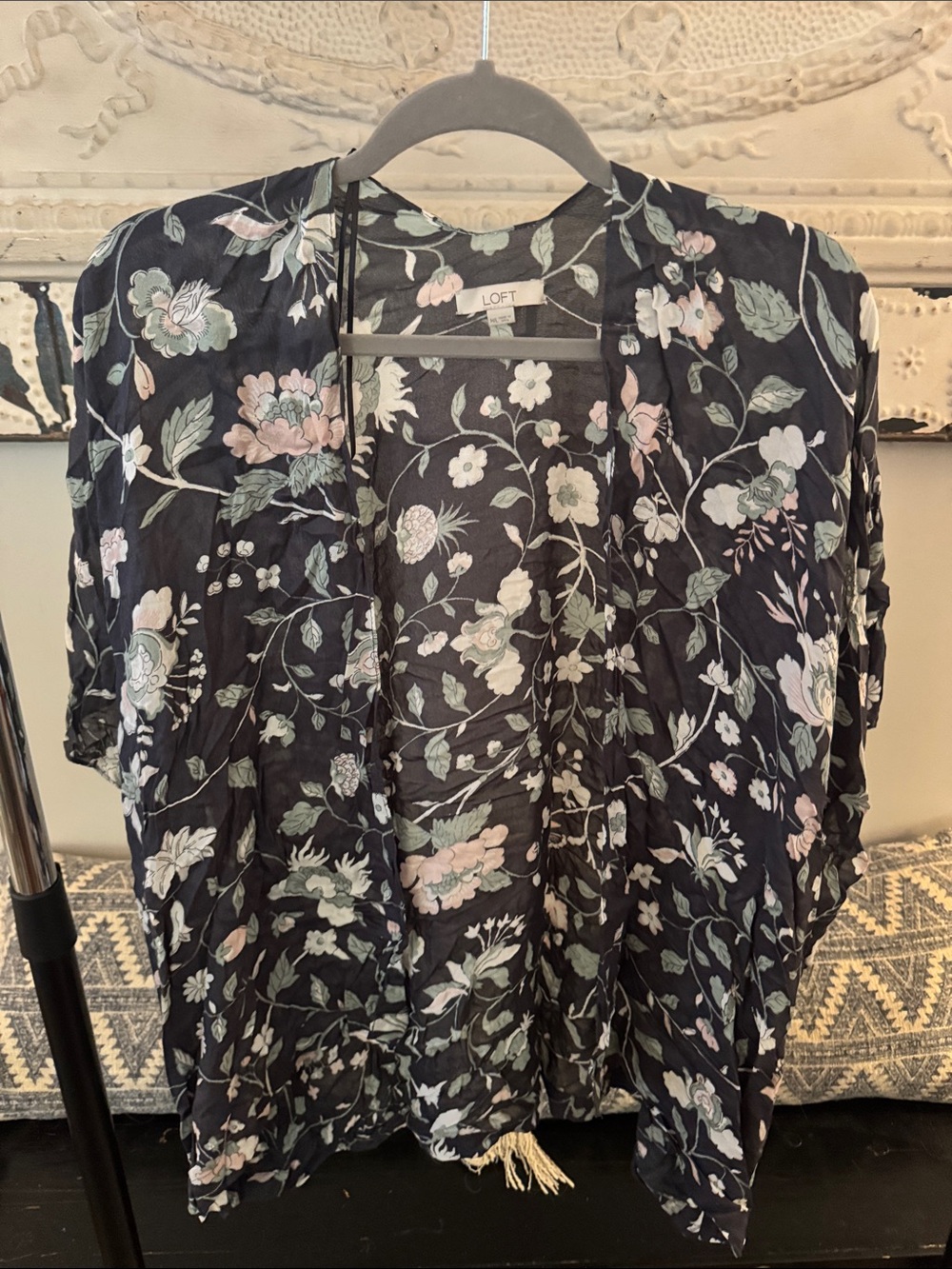 LOFT Black Floral Open-Front Kimono with Pastel Blooms